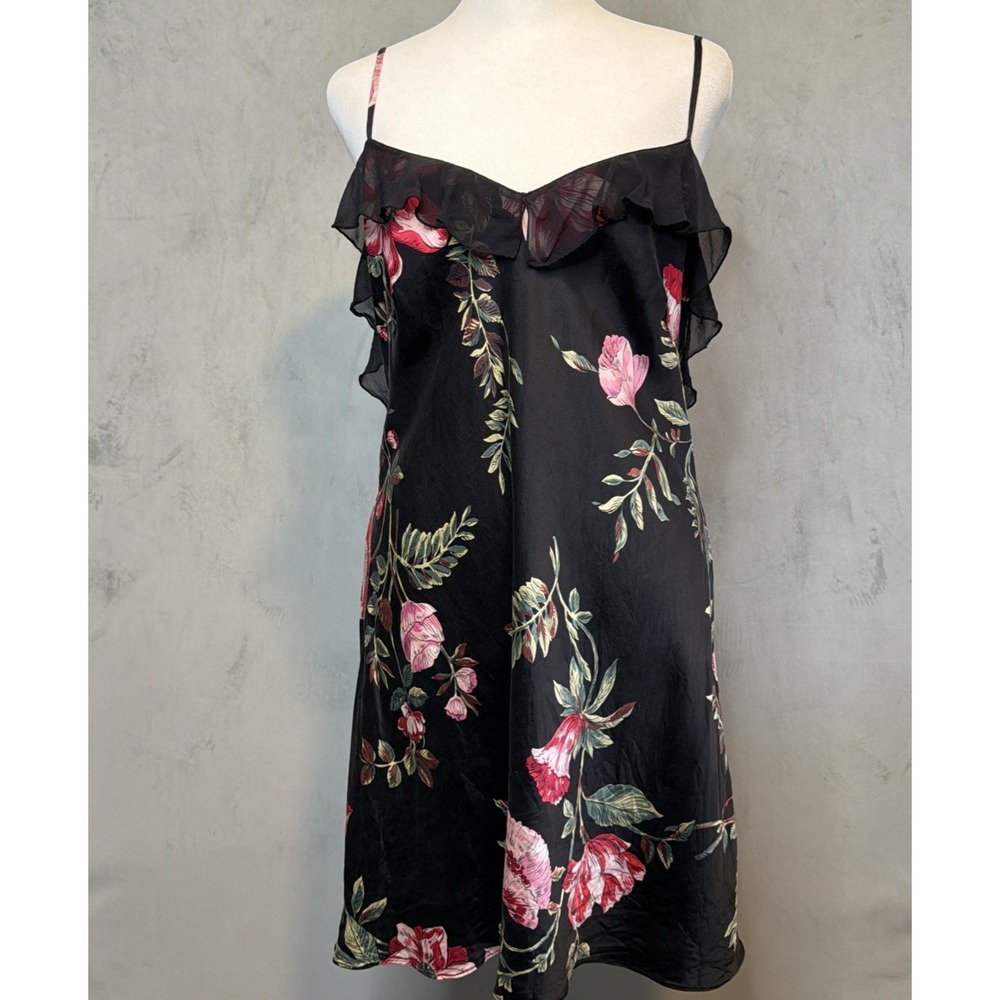 August Silk Women's M Black Floral 100% Silk Slip Dress Ruffle Trim